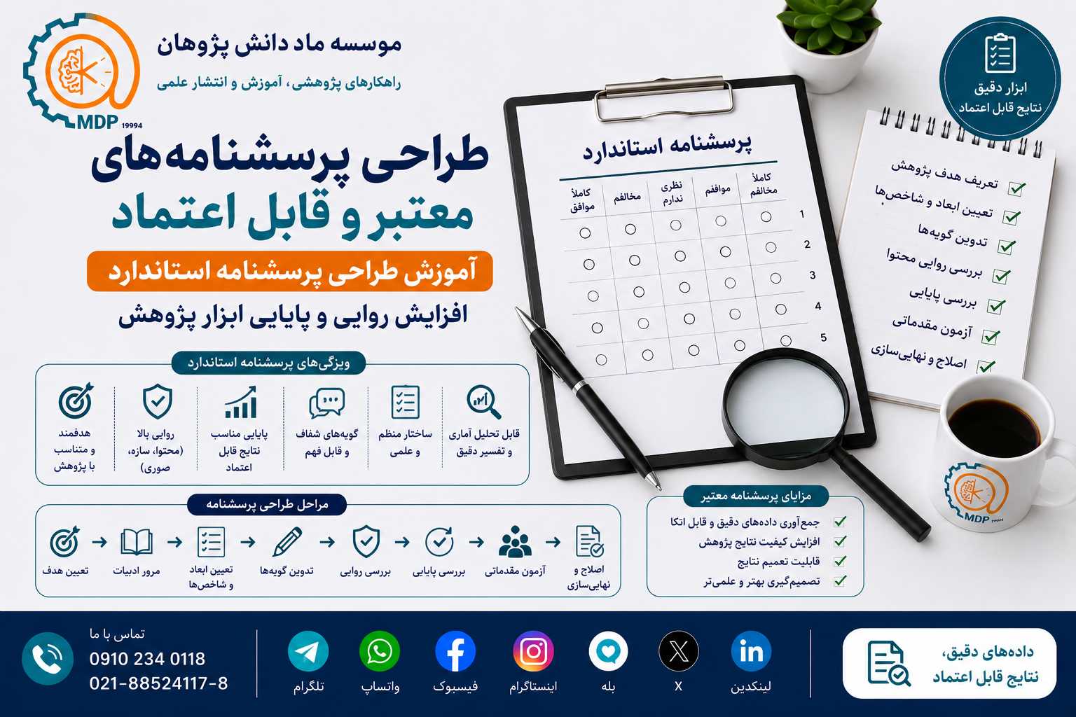 طراحی پرسشنامه معتبر و قابل اعتماد | آموزش روایی و پایایی پرسشنامه پژوهشی طراحی پرسشنامه استاندارد و معتبر برای پژوهش علمی با آموزش روایی، پایایی، تدوین گویهها و اعتبارسنجی ابزار تحقیق